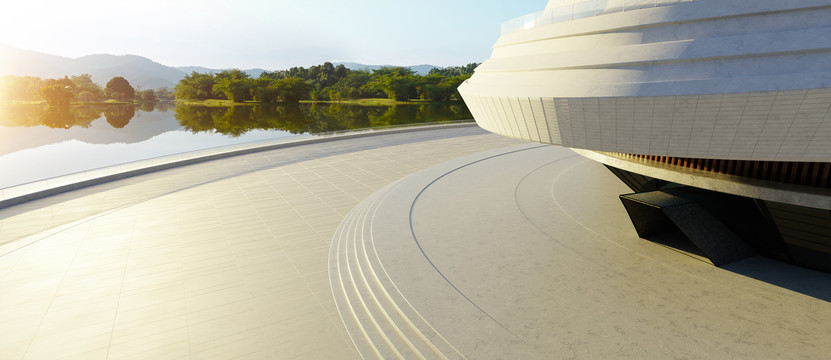 摩登建筑装修大理石平台 湖景远景图