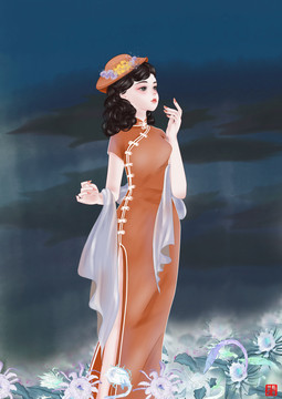 旗袍民國(guó)美女曇花