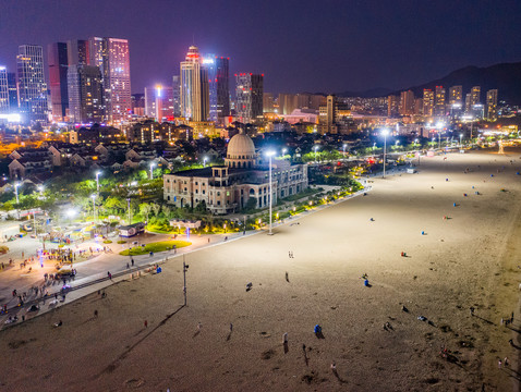 青岛石老人海滨公园建筑风光夜景