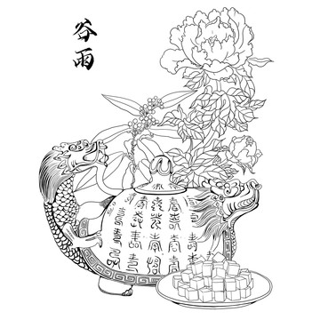 国风插画二十四节气谷雨线稿