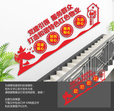 红色物业中心楼梯文化墙
