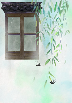 古風背景楊柳插畫