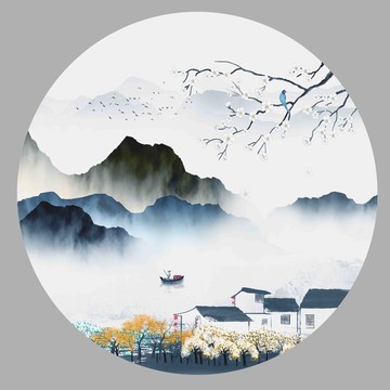 新中式圓形山水花鳥圖