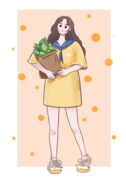 抱著植物的人物插畫