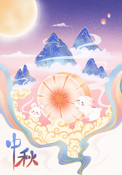 中國(guó)風(fēng)中秋賀圖山月餅八月十五兔