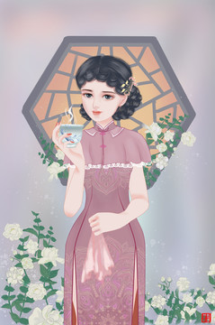 旗袍少女美女品茶茶茶包装