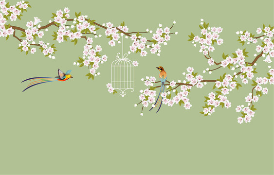 中式花鳥壁畫