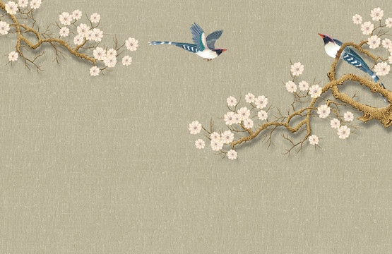 梅花花鳥手繪背景墻