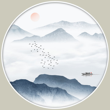 水墨山水圓形鏡心