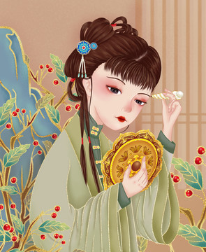 眉筆化妝品古風(fēng)漢服女子畫眉插畫
