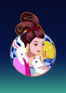 嫦娥月兔插畫頭像