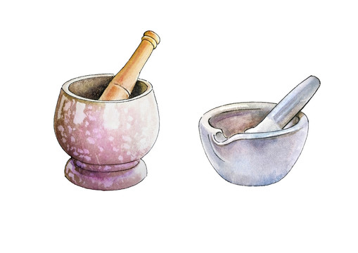 中国传统陶瓷捣药盅水彩手绘