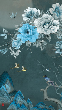 新中式花鸟壁纸壁画背景图