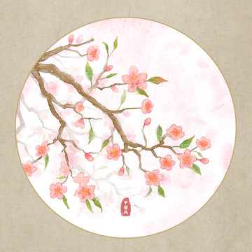 桃花水彩插畫