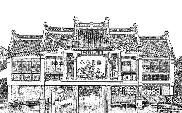 西塘古建筑素描线稿