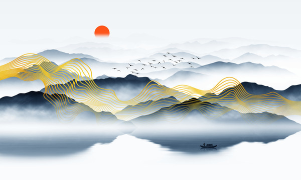 輕奢線條山水畫