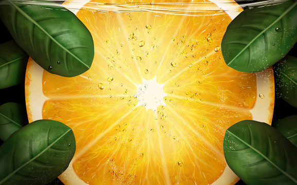 浸泡水里的橘子与叶子插图