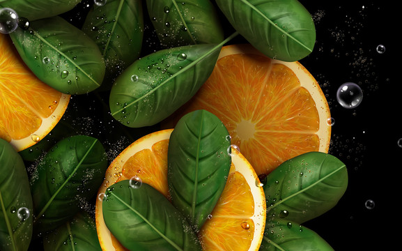 浸泡水里的橘子与叶子插图