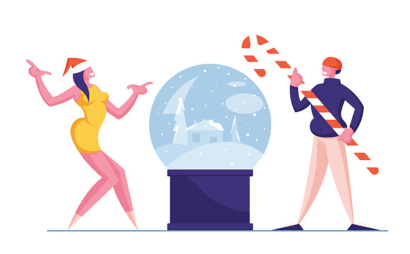 手拿拐杖糖望着水晶球欢庆圣诞节的男女插图