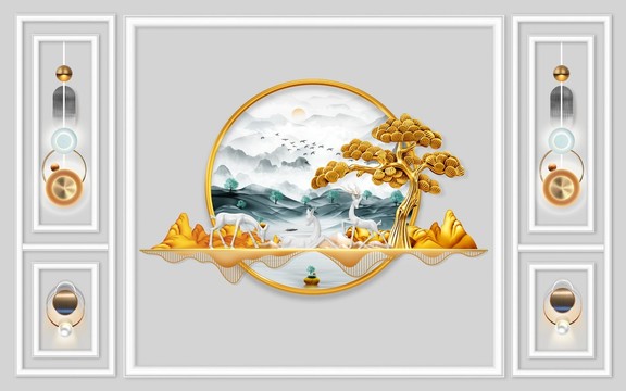現(xiàn)代輕奢光影山水麋鹿背景墻