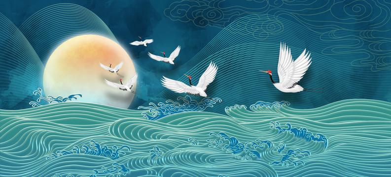 中國風(fēng)海浪仙鶴圖