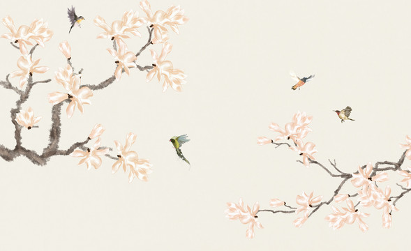 新中式玉蘭花鳥墻紙