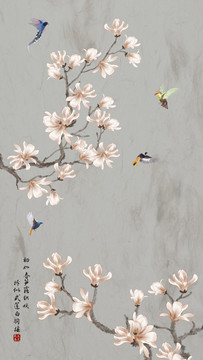 玉蘭花鳥裝飾畫