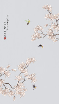 中式玉蘭花鳥(niǎo)壁紙