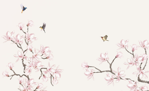 玉蘭花鳥(niǎo)背景墻