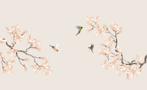 手繪玉蘭花鳥圖