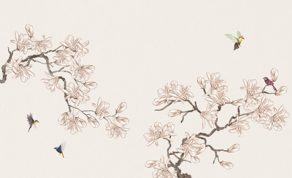 水墨水彩玉蘭花鳥圖