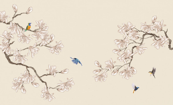 水墨玉蘭花鳥圖