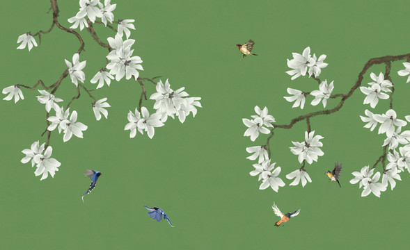 玉蘭花鳥背景墻