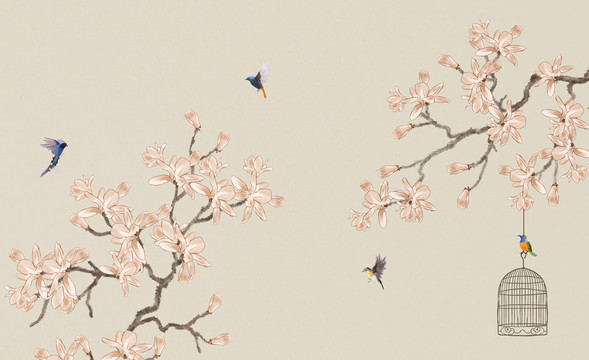 玉蘭花鳥裝飾畫