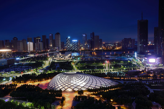 天津于家堡滨海站城市风光夜景