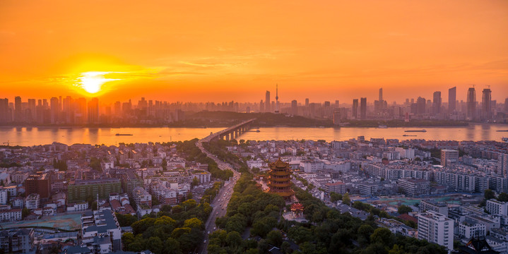 武汉黄鹤楼城市风光航拍全景