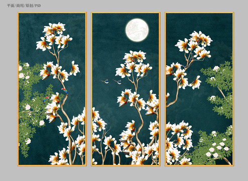 原創(chuàng)手繪花鳥背景墻