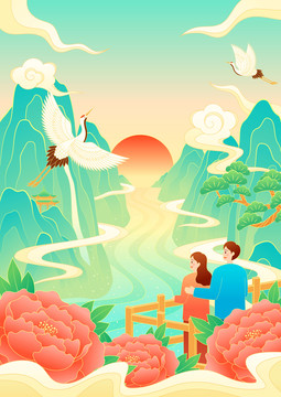 男女旅行登高賞美景國潮矢量插畫