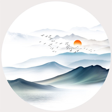 新中式圓形手繪山水無(wú)框畫(huà)