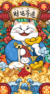 招財(cái)貓國潮插畫
