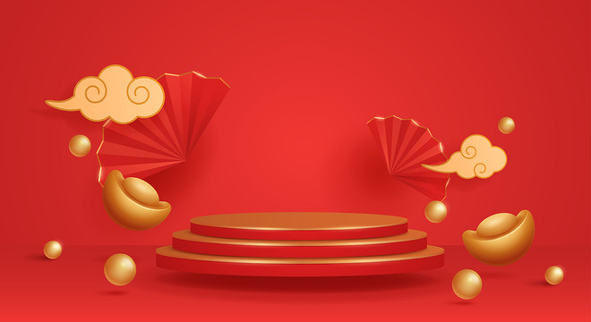 農(nóng)歷春節(jié)金紅色主題立體場(chǎng)景
