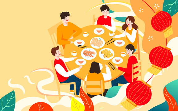 春节家庭聚餐一家人吃团圆饭插画
