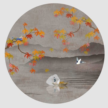 手繪楓葉花鳥