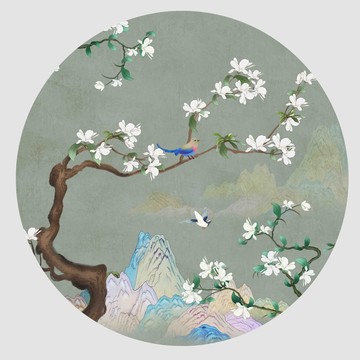 新中式圓形玉蘭掛畫