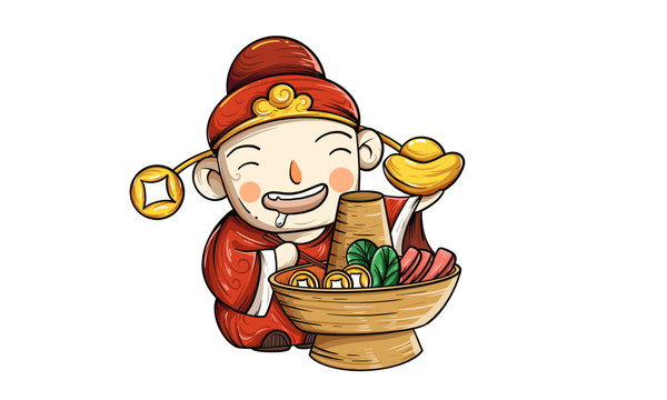 國潮財神火鍋美食插畫