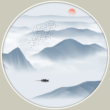 水墨山水圓形鏡心