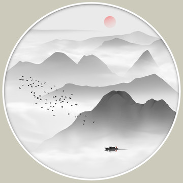 水墨山水圓形鏡心