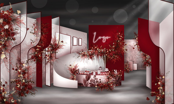 秀場(chǎng)風(fēng)紅白簡(jiǎn)約婚禮背景效果圖