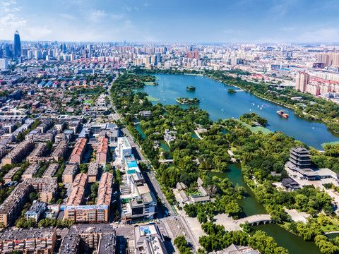 航拍山东济南城市景观全景