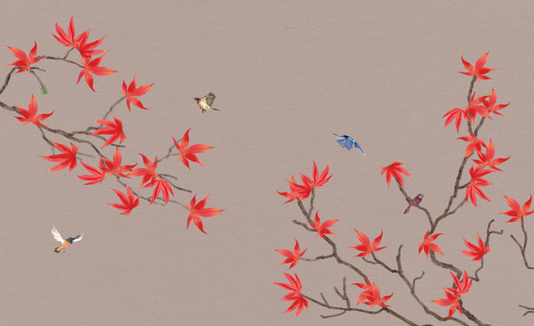 中式楓葉花鳥畫